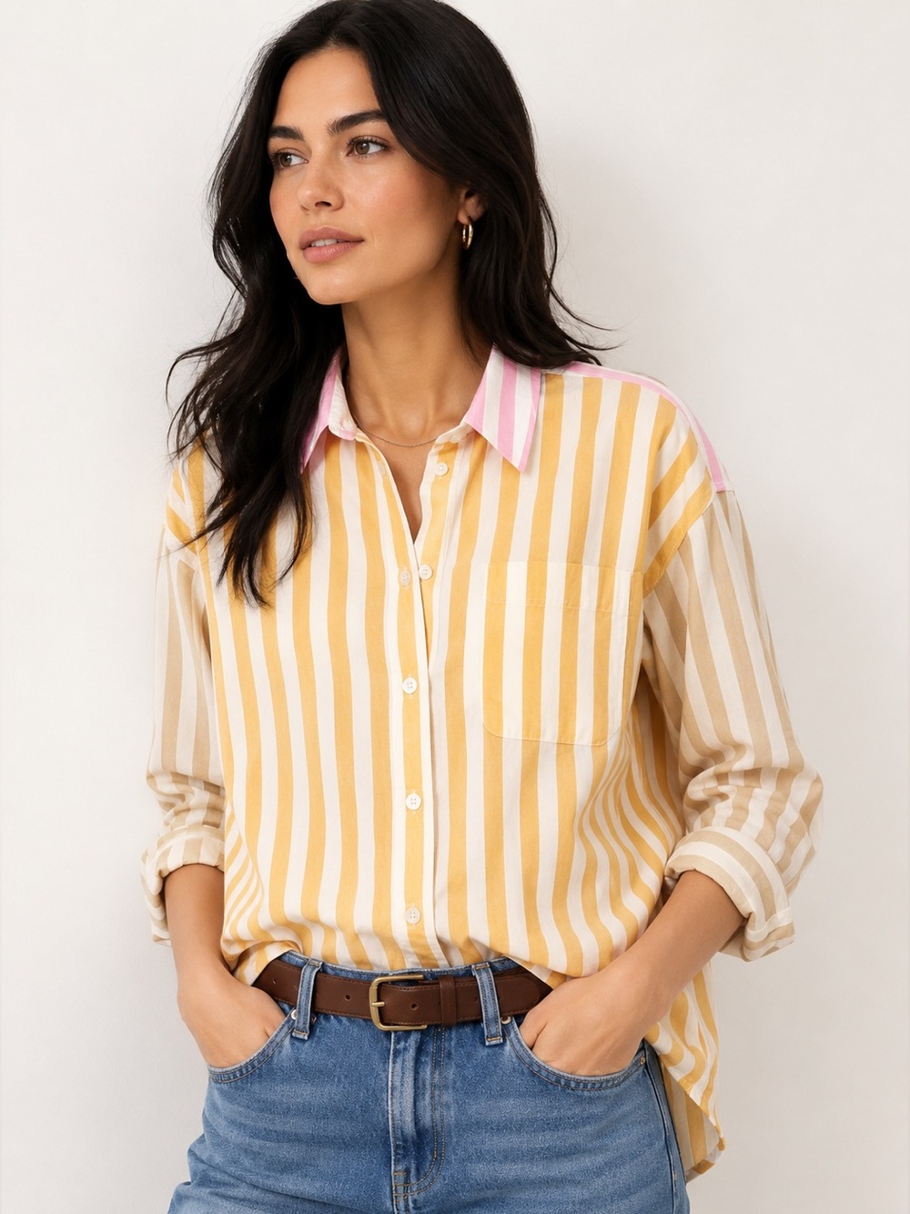 Madewell Striped Button Front Oversized Shirt Pink Yellow White Size M